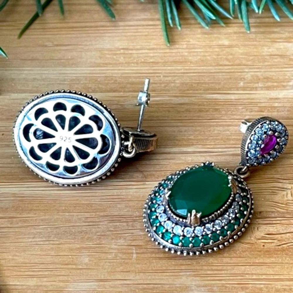 925 Sterling Silver, Emerald &Topaz drop Earrings - Picture 7 of 7